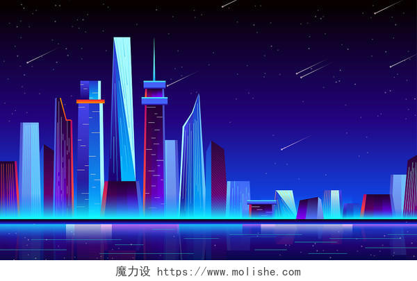 扁平夜景城市建筑微光渐变矢量AI插画建筑城市背景